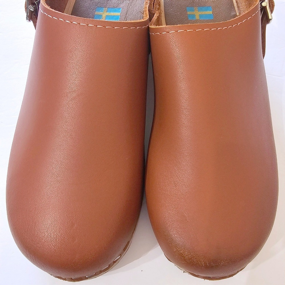 MIA Alma Free People Swedish Wooden Clogs Cognac Brown Leather 38 (7.5) 70s - Picture 7 of 11